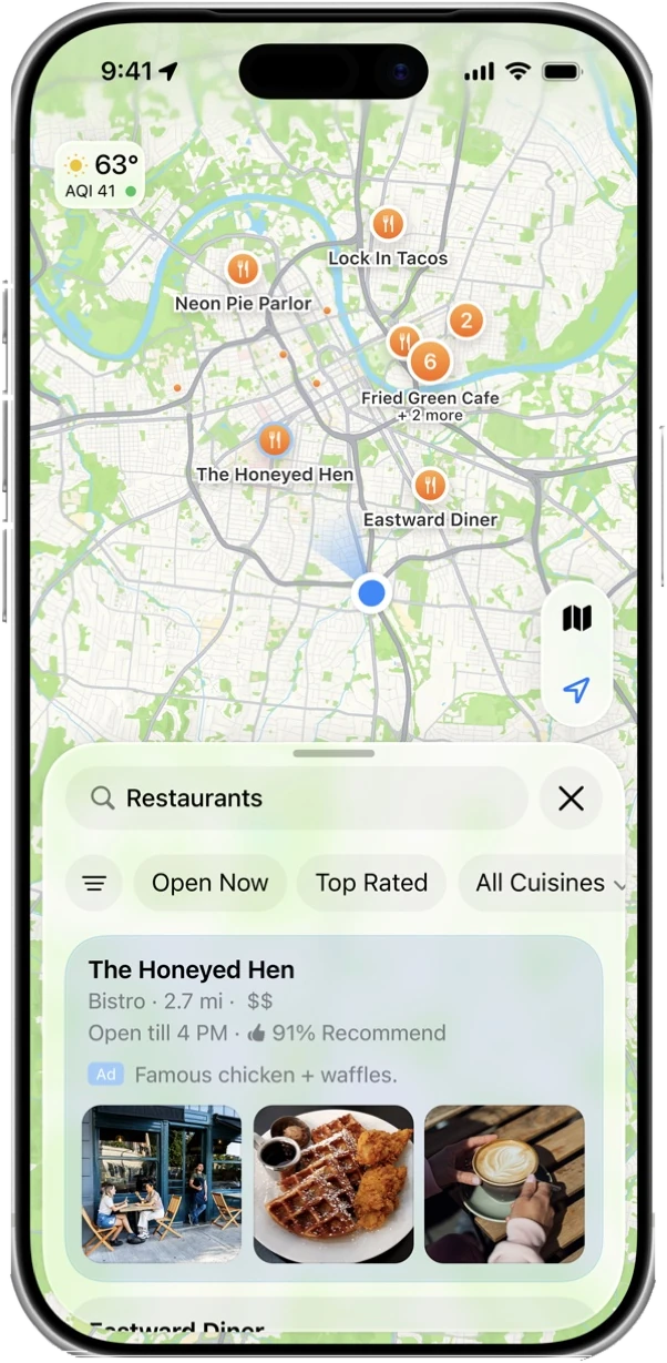 Apple Maps on iPhone showing a Restaurants search. The map carries restaurant pins, and the results sheet below opens with a sponsored result marked by a blue Ad label, carrying the business rating, distance, a line of ad copy, and three of its own photos.