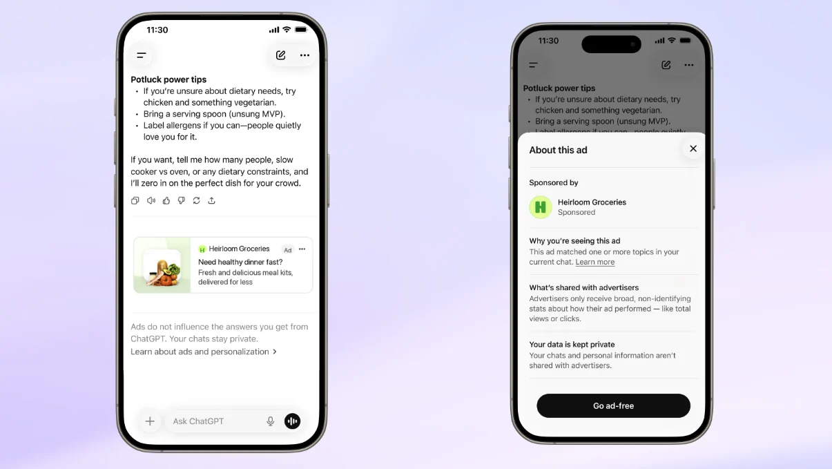 A ChatGPT answer followed by a sponsored product card labeled Ad, and the About this ad panel showing who sponsored it and why it appeared.