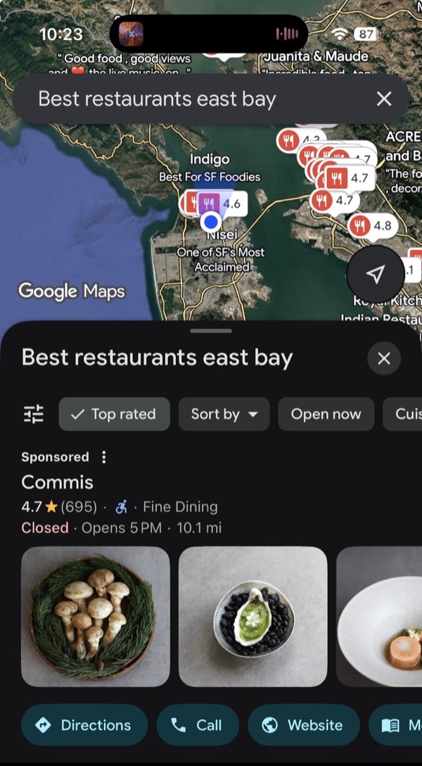 Google Maps on a phone showing Commis as the sponsored result for the search best restaurants east bay