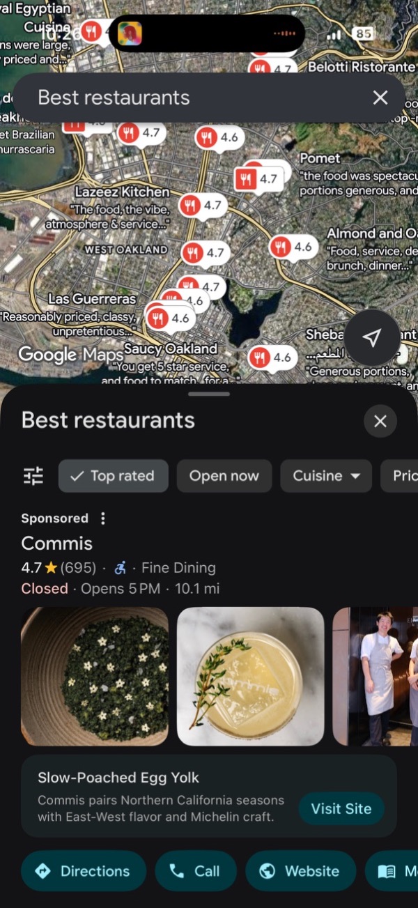 Google Maps on a phone showing Commis as the sponsored result for the search best restaurants