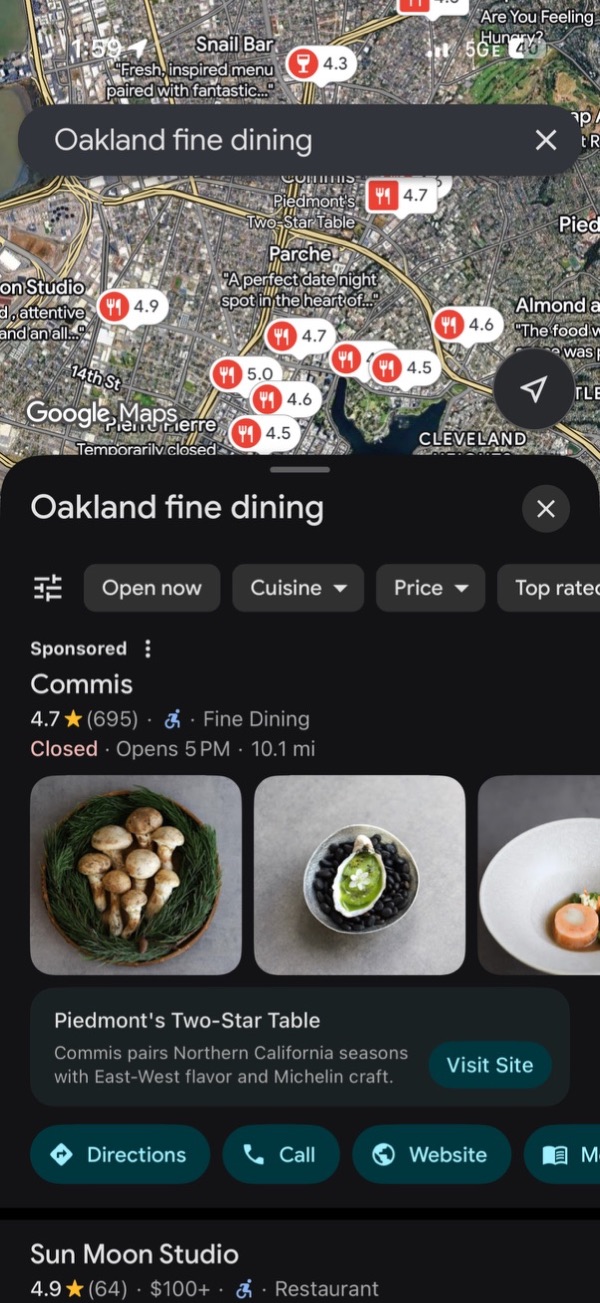 Google Maps on a phone showing Commis as the sponsored result for the search Oakland fine dining