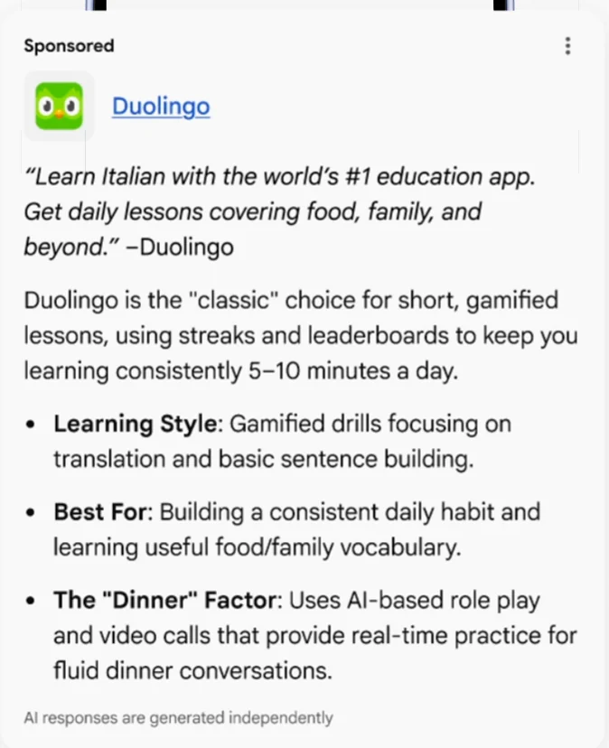 A Sponsored block inside a Google AI answer, showing the advertiser name, the ad copy, and a note that AI responses are generated independently.
