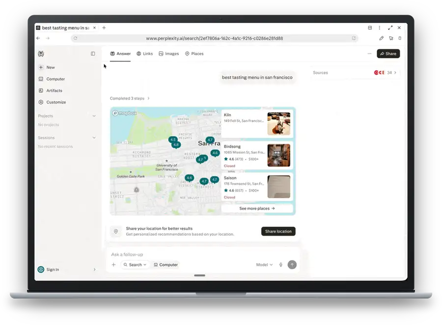A Perplexity answer about San Francisco tasting menus scrolling on a laptop: a map of restaurants, a comparison table citing the Michelin guide, then the answer naming Californios as the top pick, ending in a Follow-ups list.